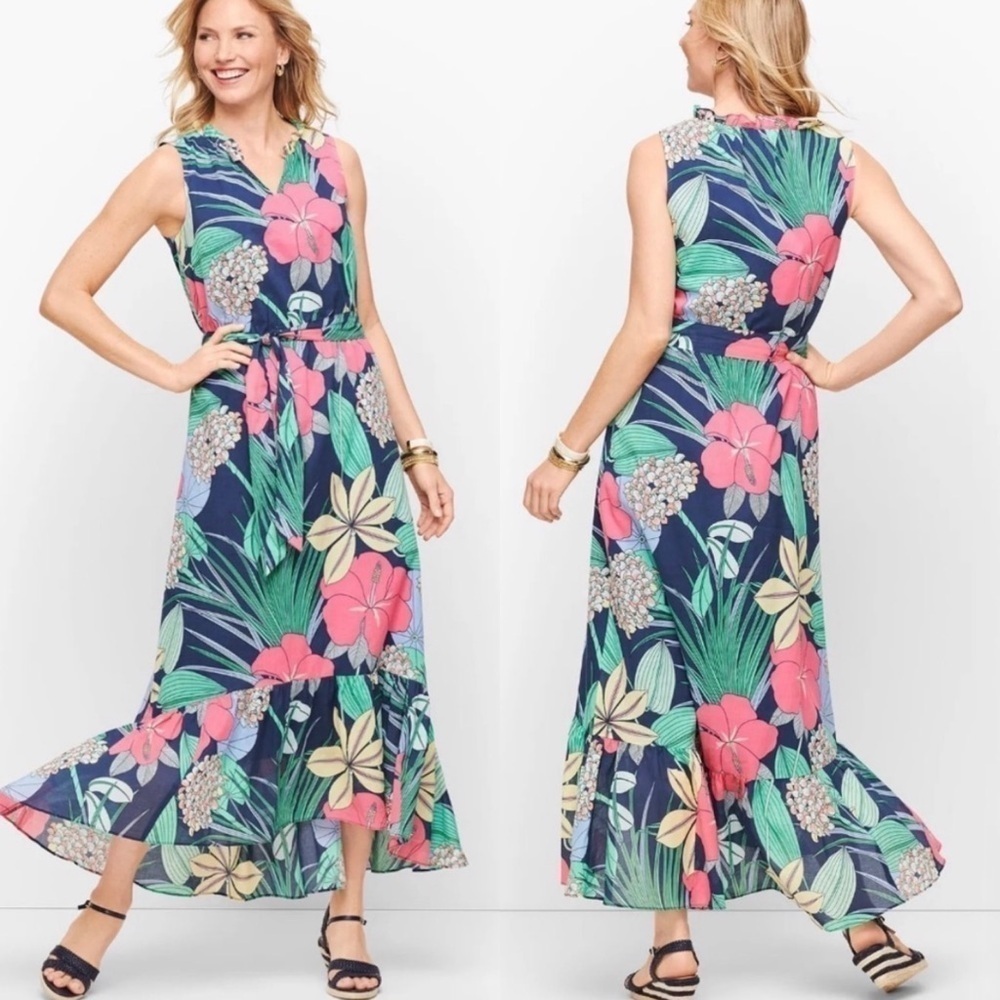 NWT Talbots Cotton Voile Hibiscus Sleeveless Ruffle Maxi Dress